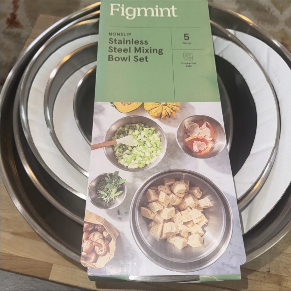 Figmint Mixing Bowl Set Non-Slip Bases Silver 5pc Bowls Nesting Kitchen 0.5-8 qt